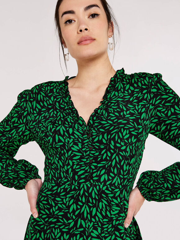 Silhouette Leaf Frill  Dress, Black, large