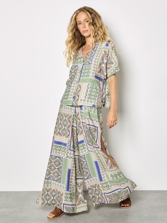 Folk Patchwork Wide Leg Trousers, Stone, large