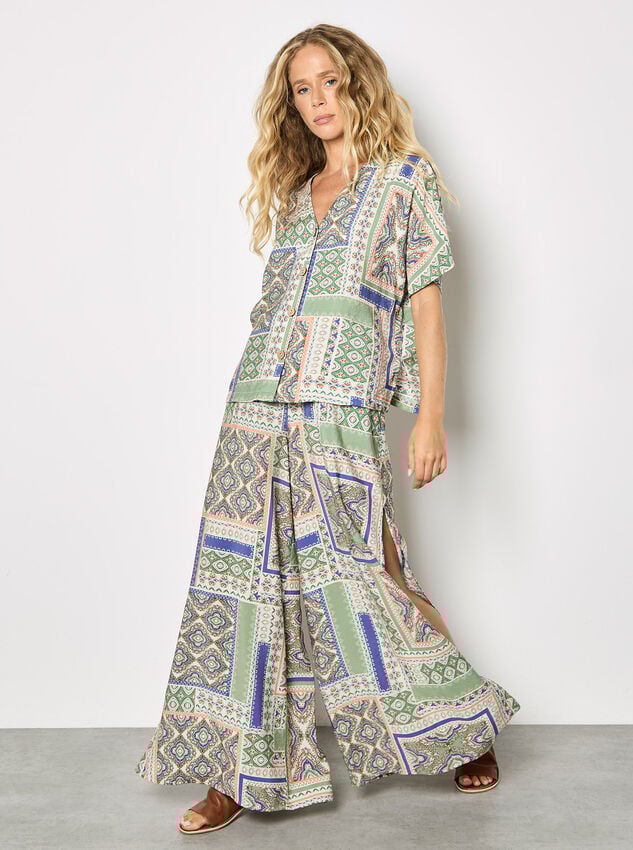 Folk Patchwork Wide Leg Trousers, Stone, large