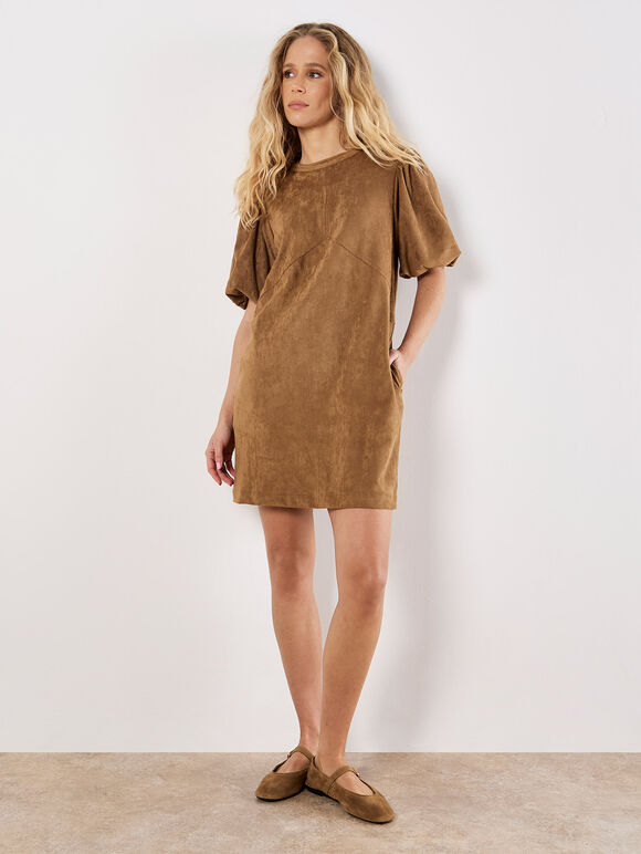Suede Shift Mini Dress, Brown, large