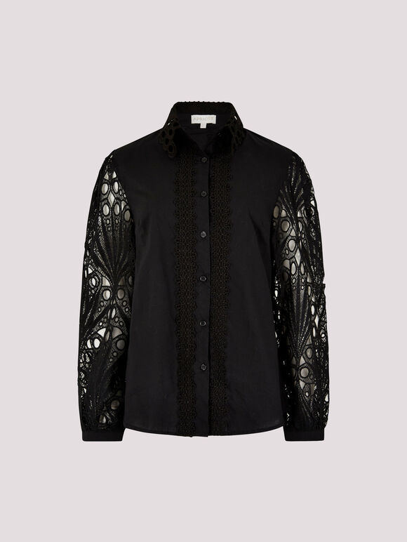 Lace Sleeve Cotton Shirt, Black, large