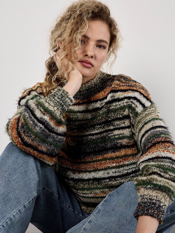 Space Dye Stripe Fluffy Jumper, Green, large