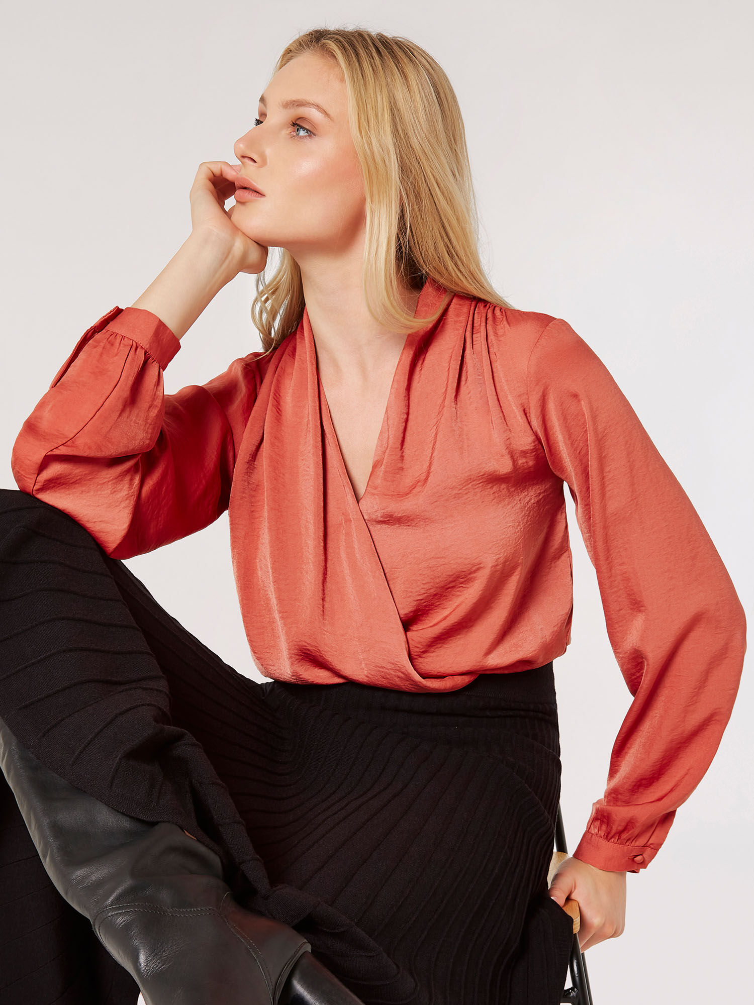 red satin wrap top