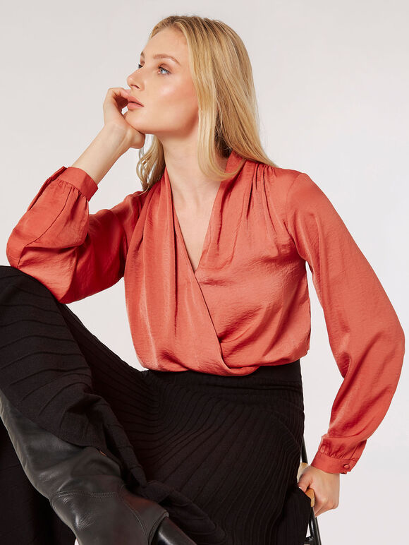 Textured Satin Wrap Top, Coral, large