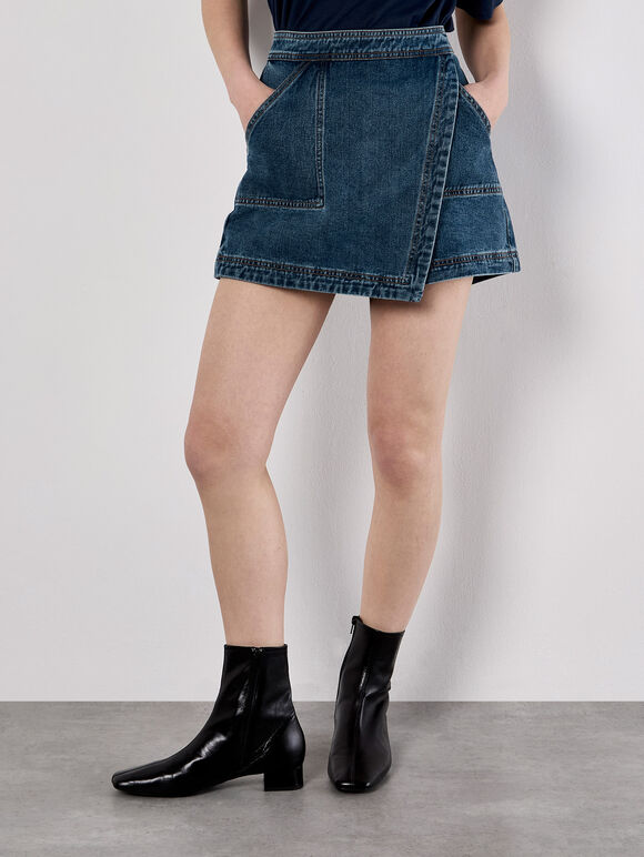 Denim Wrap Mini Skort, Blue, large