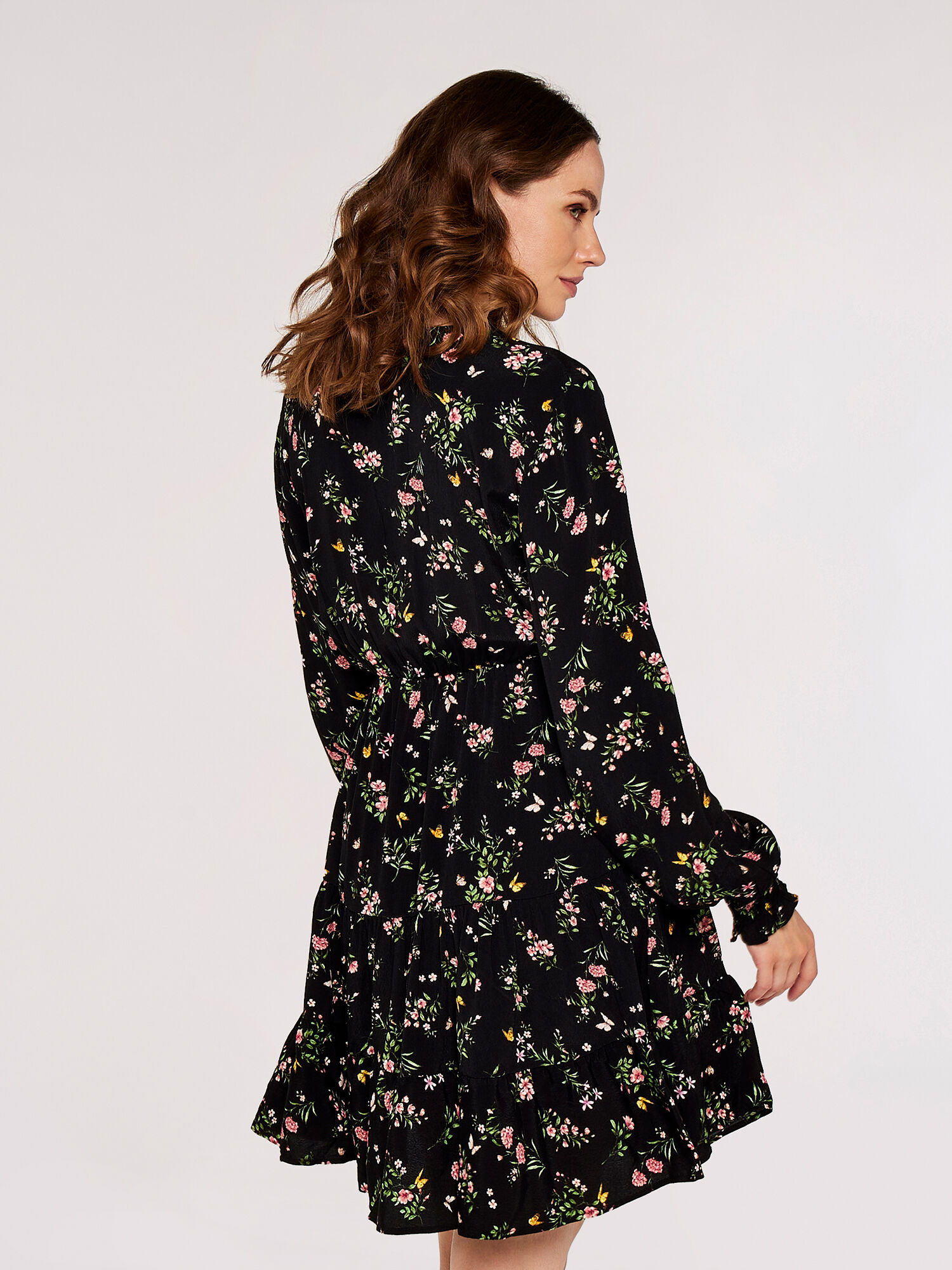 Apricot black floral dress store