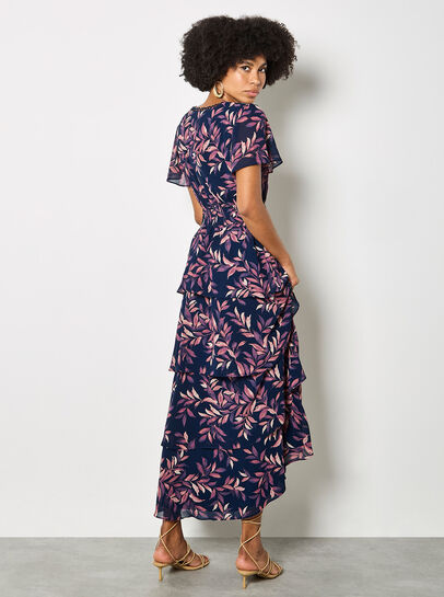 Watercolour Leaves Chiffon Tiered Maxi Dress