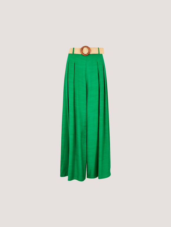Pleated Palazzo Trousers With Belt, Green, large