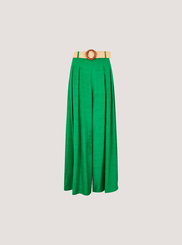 Pleated Palazzo Trousers With Belt, Green, large