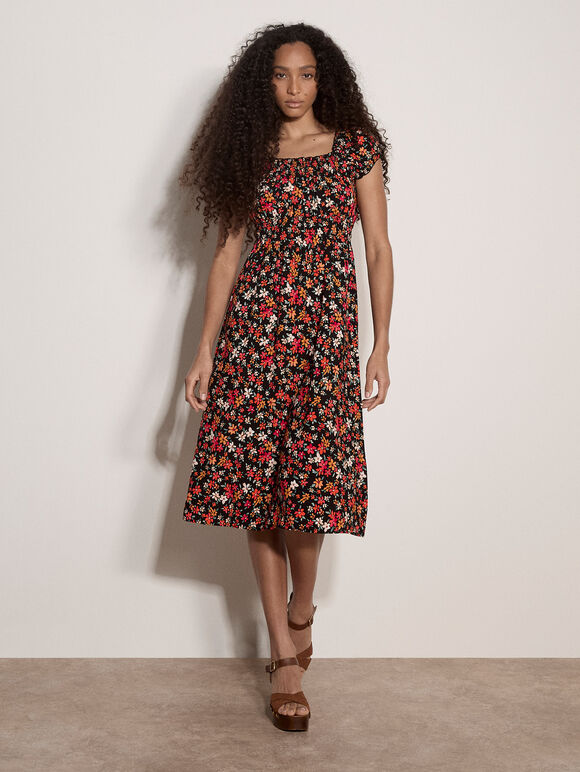 Ditsy Floral Print Milkmaid Midi Dress, Black, large
