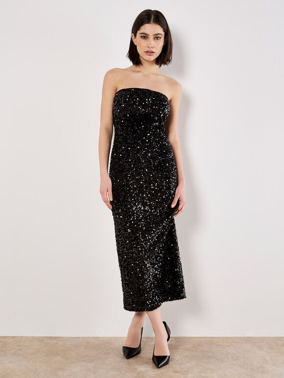 Sequin Bandeau Velvet Bodycon Midi Dress, Black, large