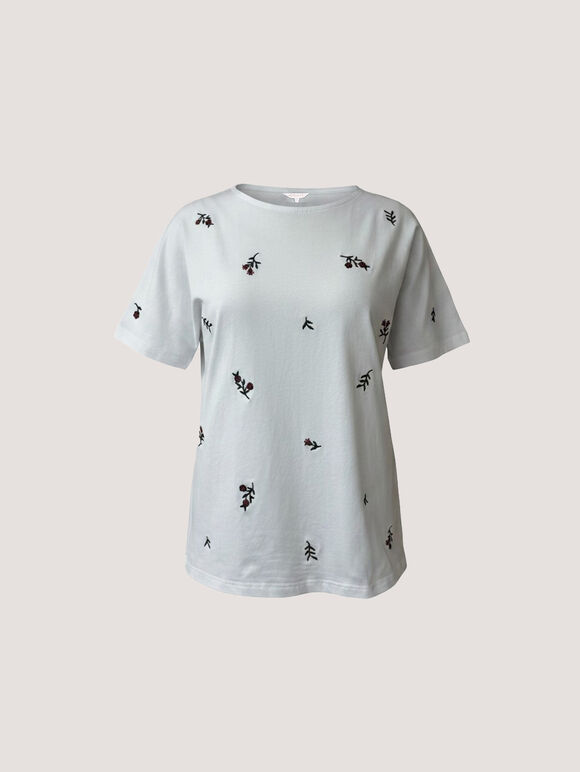 Floral Embroidered Cotton T-Shirt, White, large