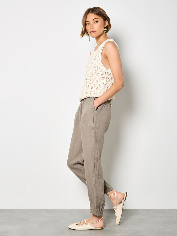 Pure Linen Tapered Joggers, Stone, large