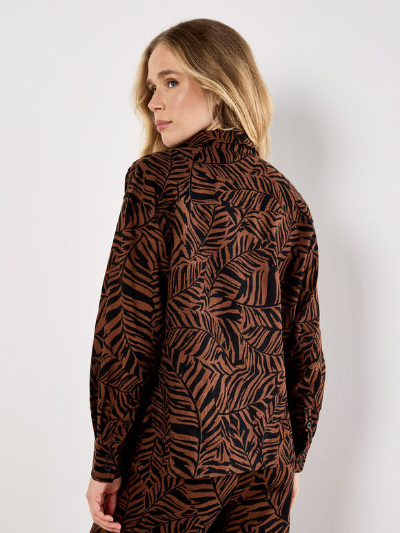 Linen Mix Leaf Print Shirt, Brown, large
