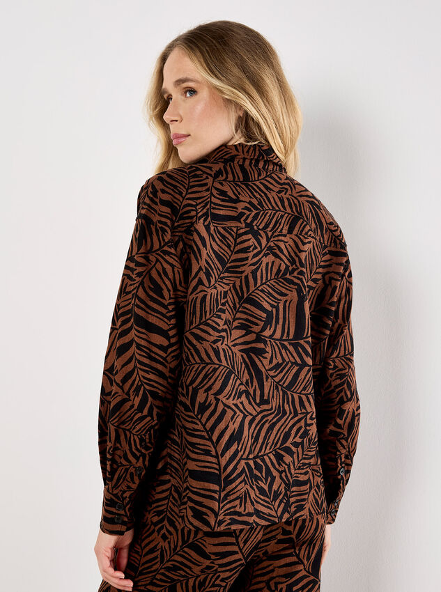 Linen Mix Leaf Print Shirt, Brown, large