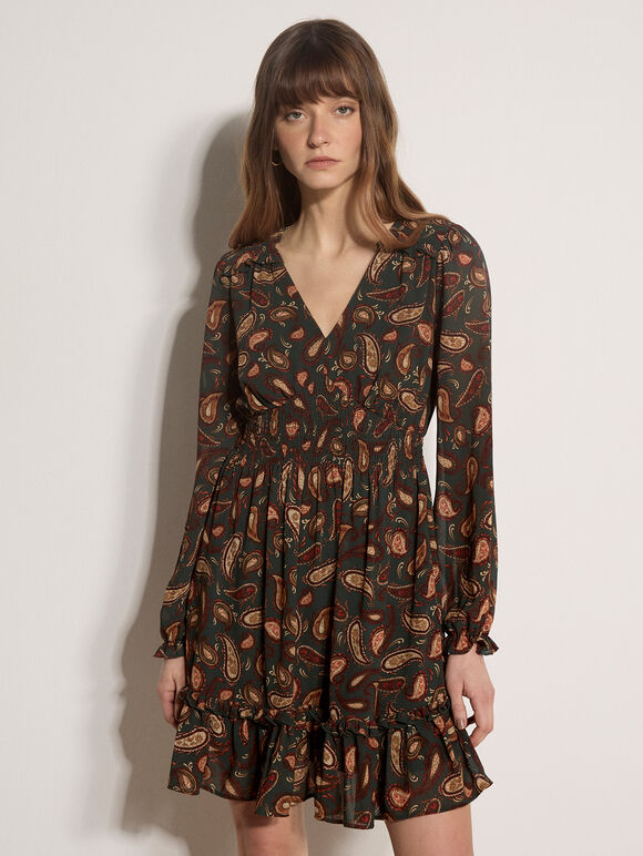 Chiffon Ruffle Paisley Mini Dress, Green, large