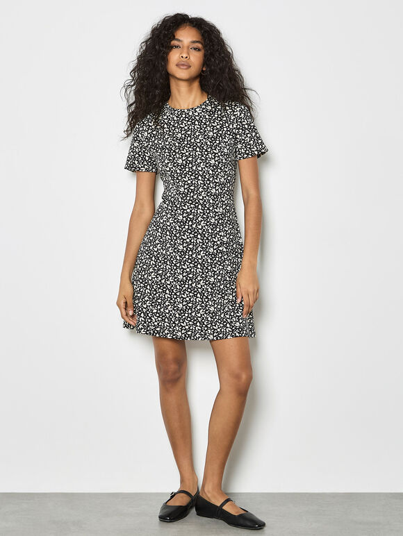Petal Print Fit And Flare Jersey Mini Dress, Black, large