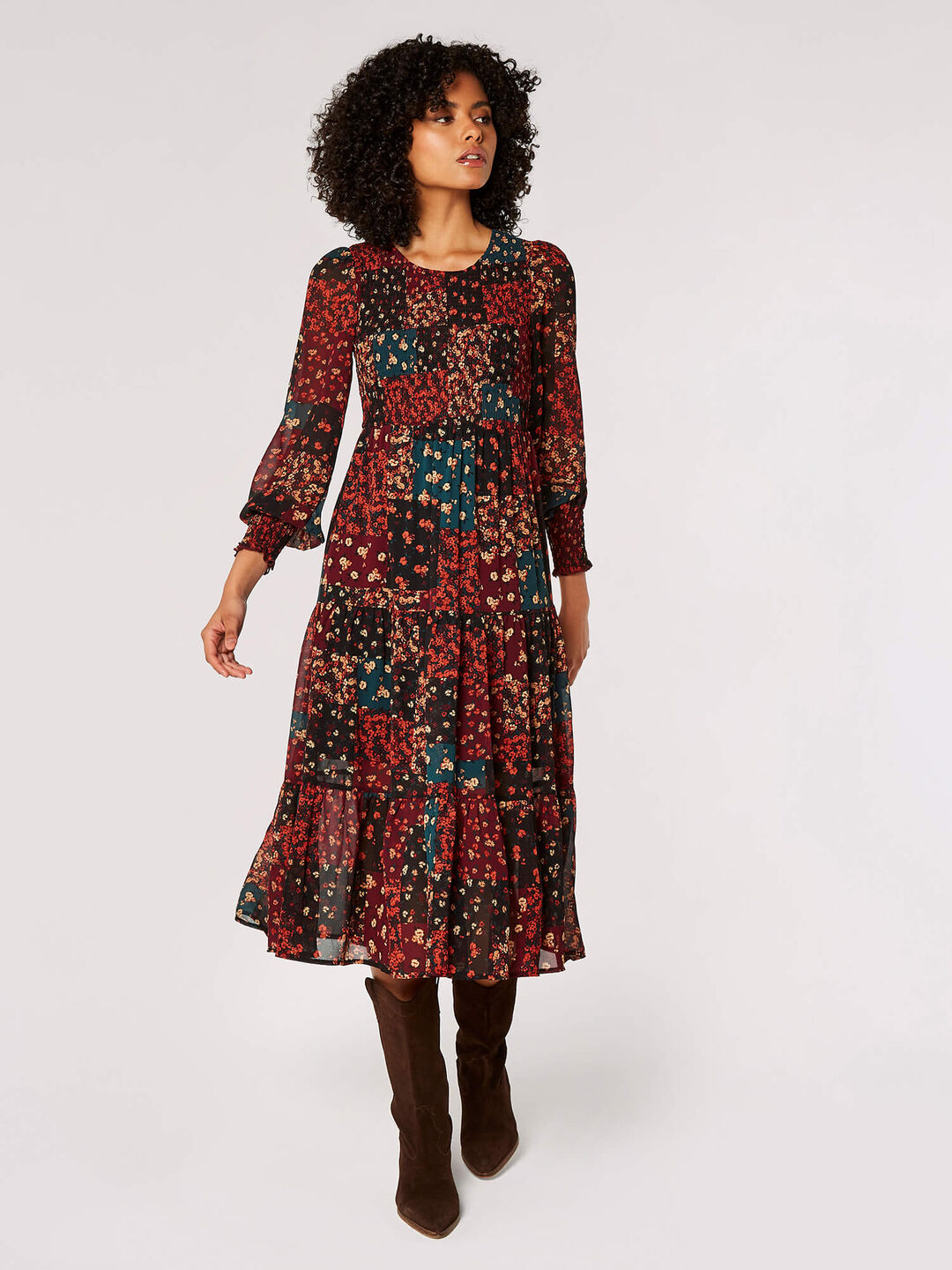 Image of Patchwork Chiffon Midi Dress