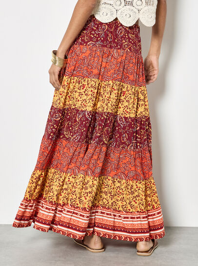 Patchwork Print Tiered Maxi Skirt
