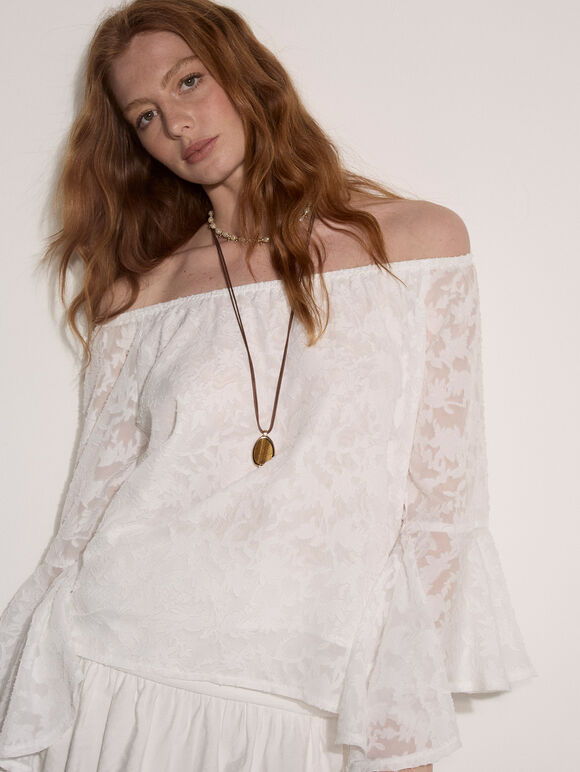 Jacquard Chiffon Bardot Top, White, large