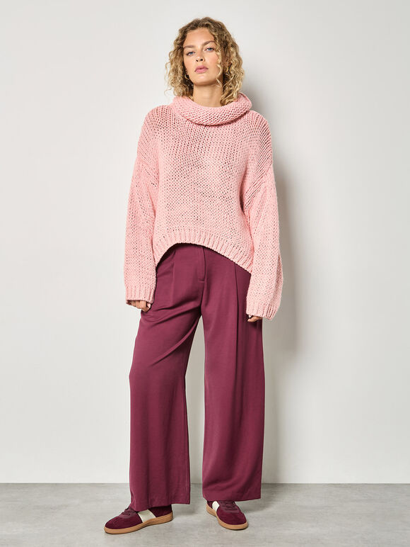 Chunky Knit Roll Neck Oversized Jumper, Pink, large