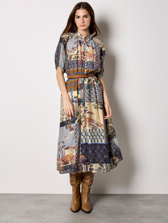 Patchwork Print Midi Dress, Navy, large
