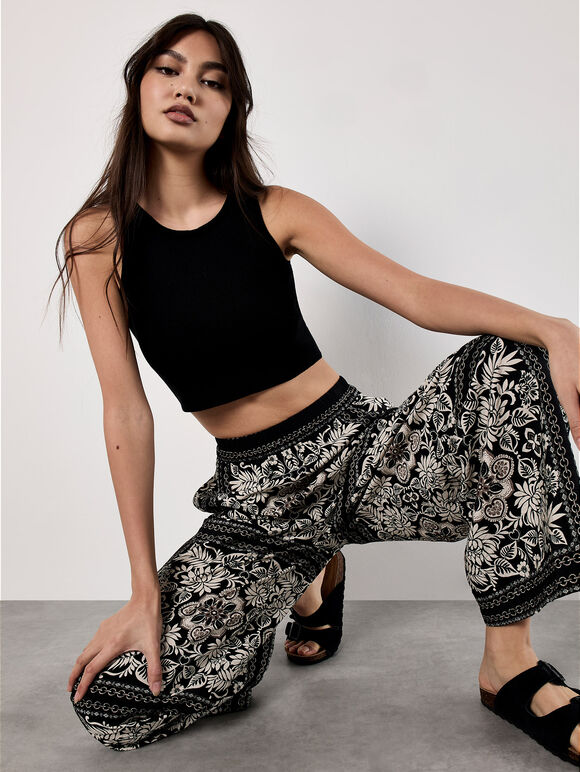 Scarf Print Flare Trousers, Black, large