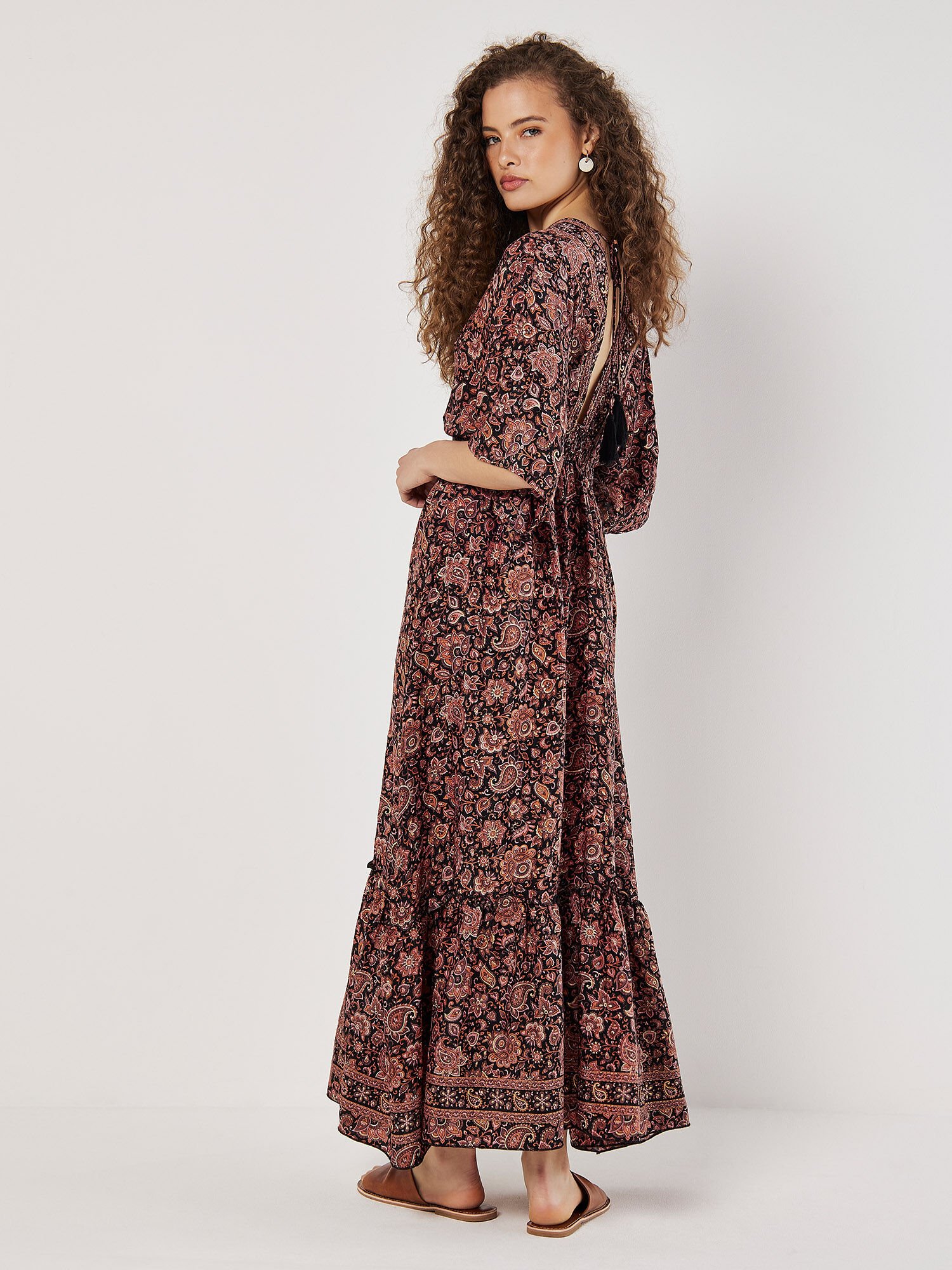 Foil Floral Paisley Satin Maxi Dress Apricot Clothing