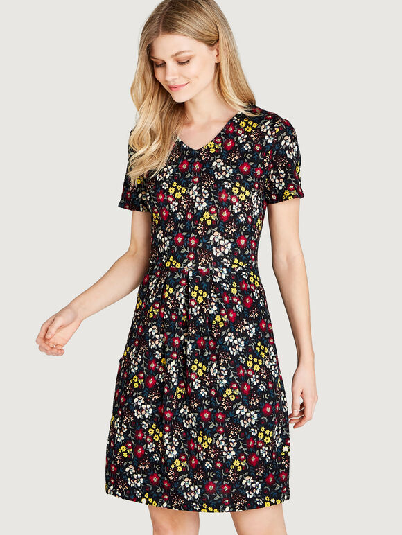 Black Ditsy Floral Print Dress, Black, large