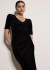 Metallic Wrap Ruched Midi Dress, Black, large