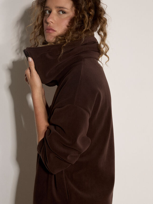 Funnel Neck Teddy Borg Fleece Jumper, Brown, large