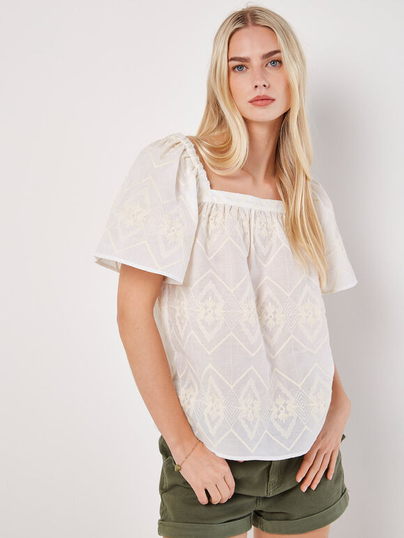 Chevron Embroidered Blouse, Cream, large