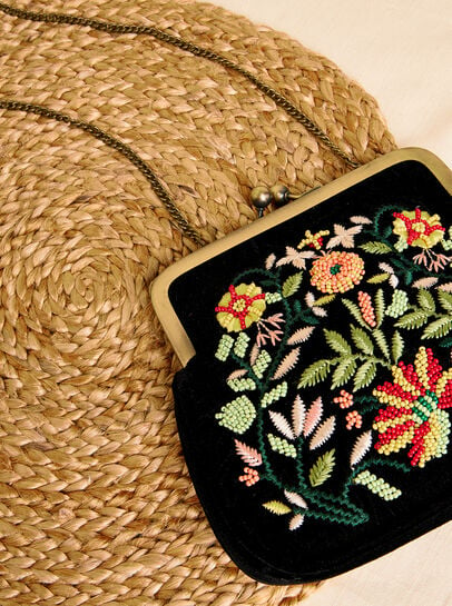 Floral Hand-Embroidered Velvet Bag