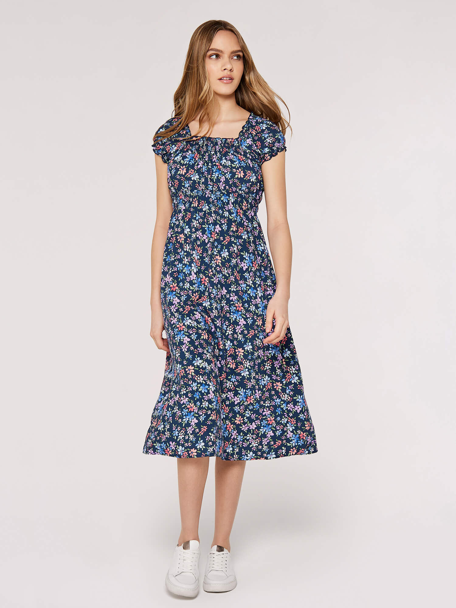 Ditsy Milkmaid Midi Dress Apricot Clothing