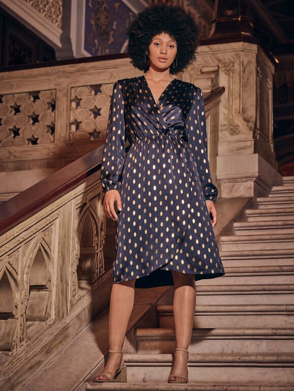 Metallic Gold Spot Midi Dress, Navy, large