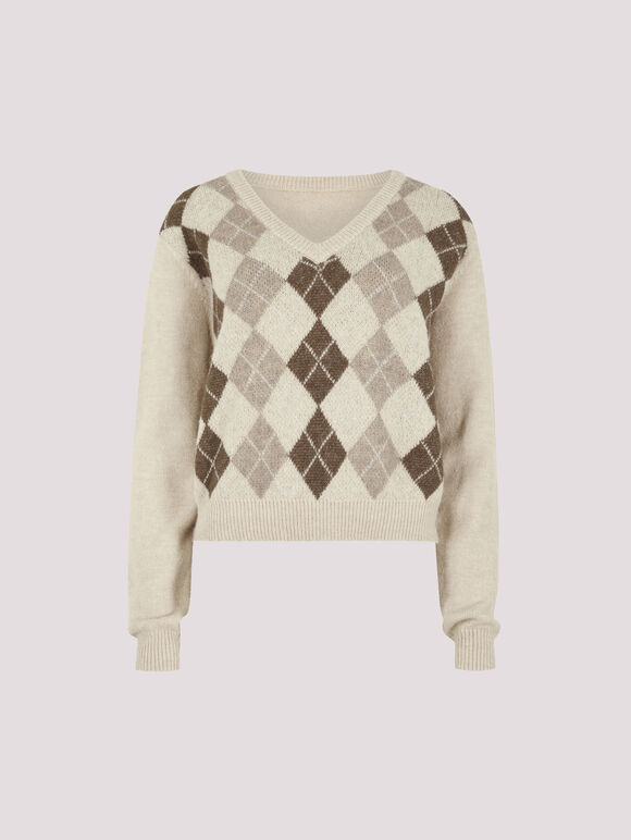 Cropped Argyle Jumper, Stone, large
