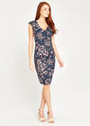 Cabbage Rose V Neck Ruched Dress, Navy, large