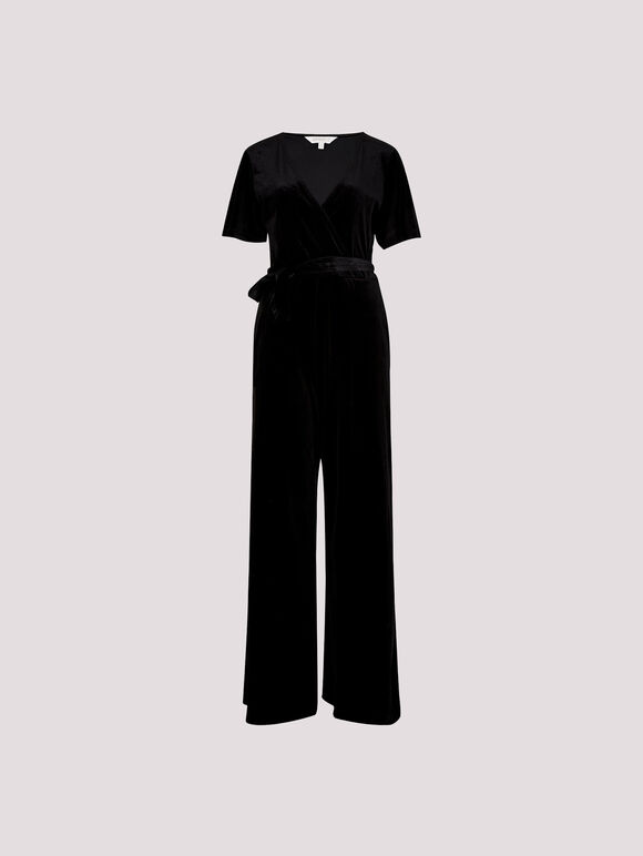 Velvet Wrap Culotte Jumpsuit, Black, large