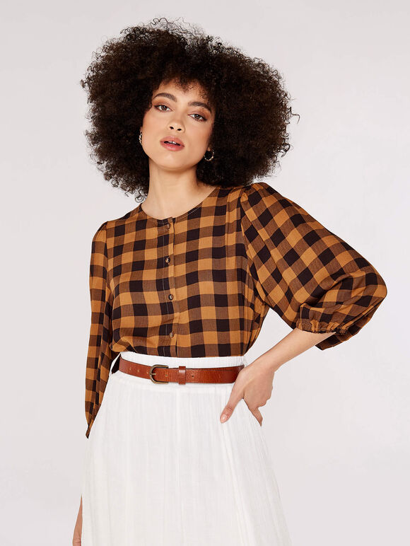 Gingham Check Balloon Sleeve Blouse, Brown, large