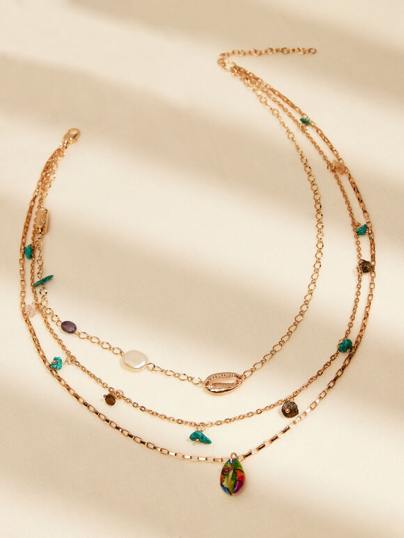 Gold Tone Layered Stone & Shell Necklace, Assorted, large