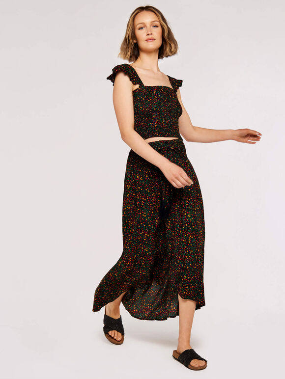 Ditsy Shirred Maxi Skirt, Black, large