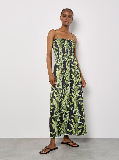 Tropical Leaf Satin Maxi Dress