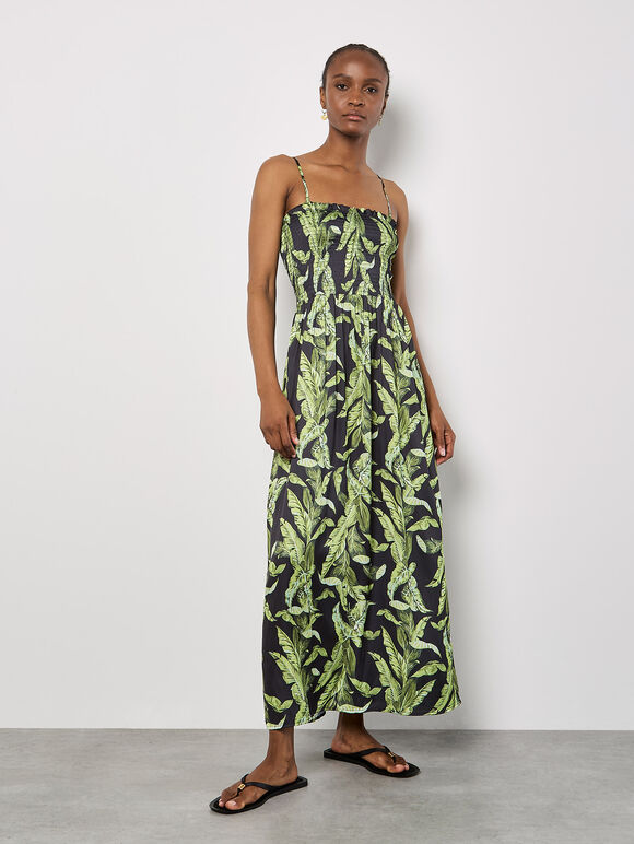 Tropical Leaf Satin Maxi Dress, Black, large