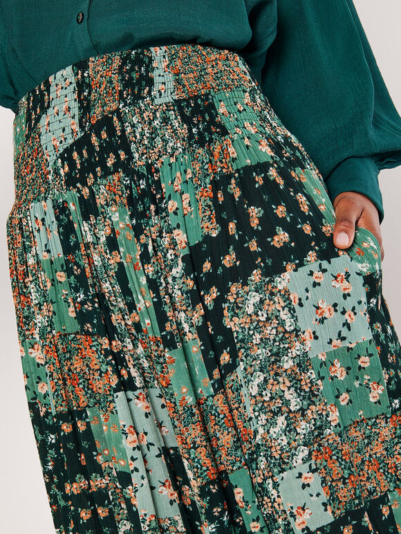 Floral Patchwork Crinkle Wide-Leg Trousers, Green, large