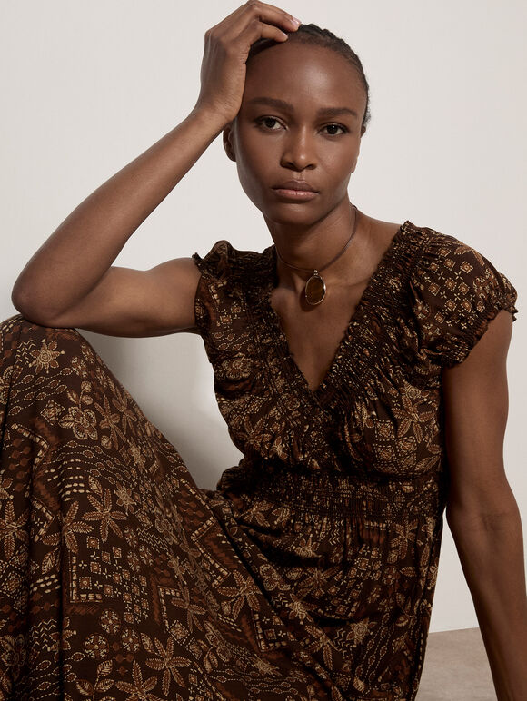 Batik Floral Smocked Maxi Dress, Brown, large