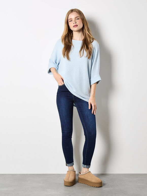 Soft-Touch Batwing Waffle Knit Top, Blue, large