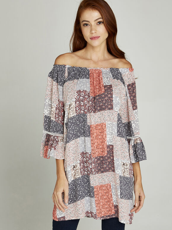 Patchwork Ditsy Bardot Top, Coral, large