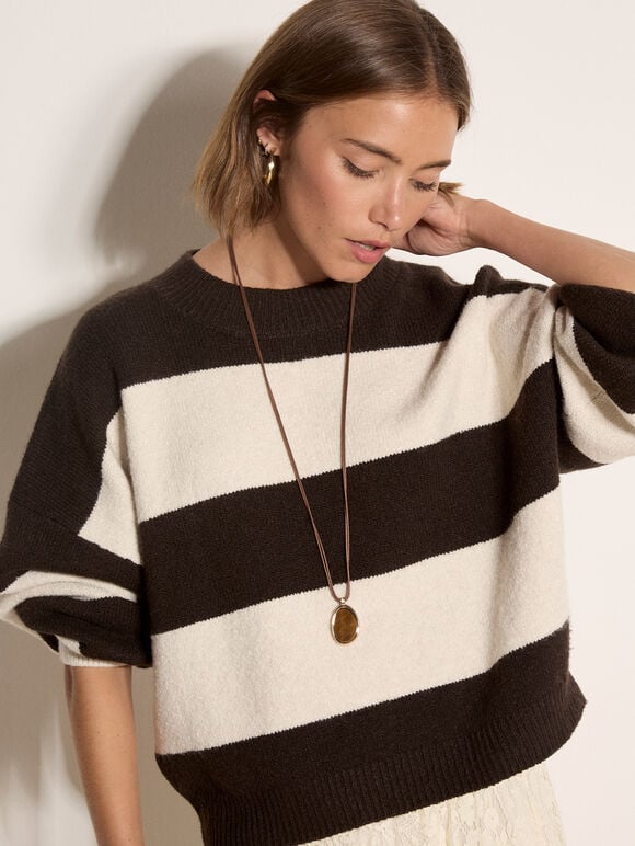 Chunky Knit Stripe Oversized Jumper, Brown, large