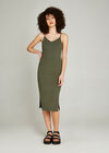 Ribbed Side Split Midi Dress, Khaki, large