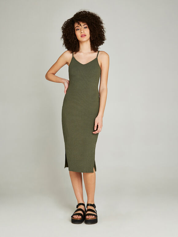 Ribbed Side Split Midi Dress, Khaki, large